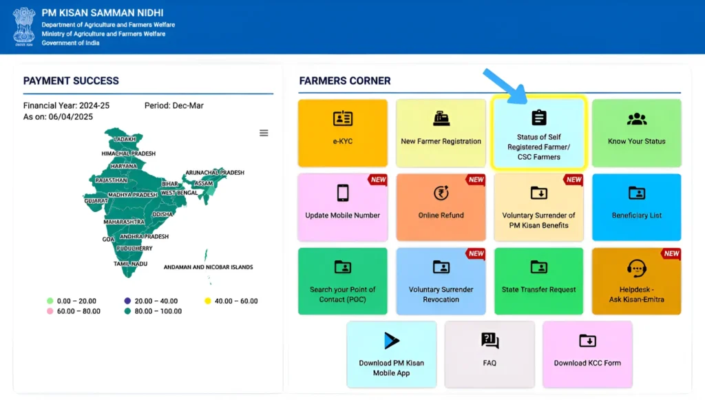 Click on ‘Status of Self Registered/CSC Farmer’
